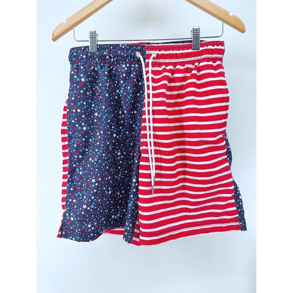 Lands' End Swim Trunks Mens Medium Red White‎ Blue USA Patriotic Stars Stripes